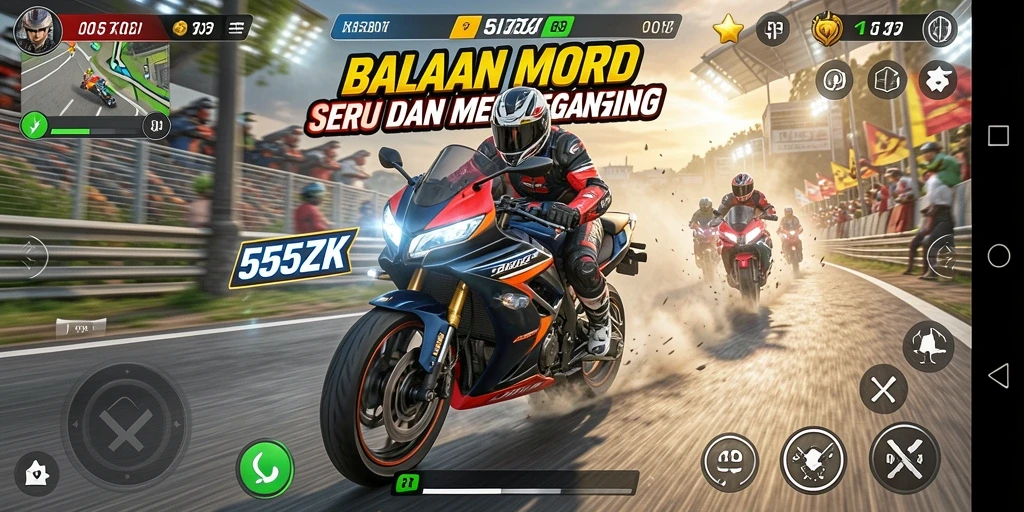 Screenshot gameplay 555ZK menampilkan balapan motor yang seru dan penuh aksi.
