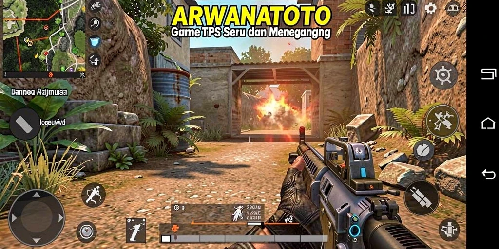 Screenshot ARWANATOTO menampilkan aksi intense dalam game TPS.