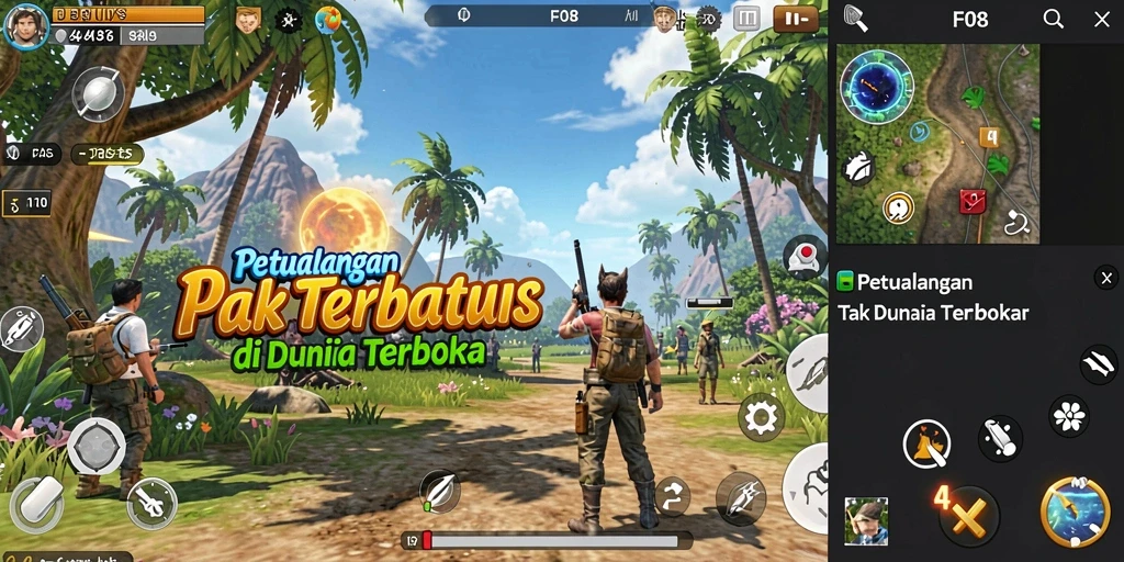 Gameplay F08 yang menampilkan dunia terbuka yang luas dan indah.