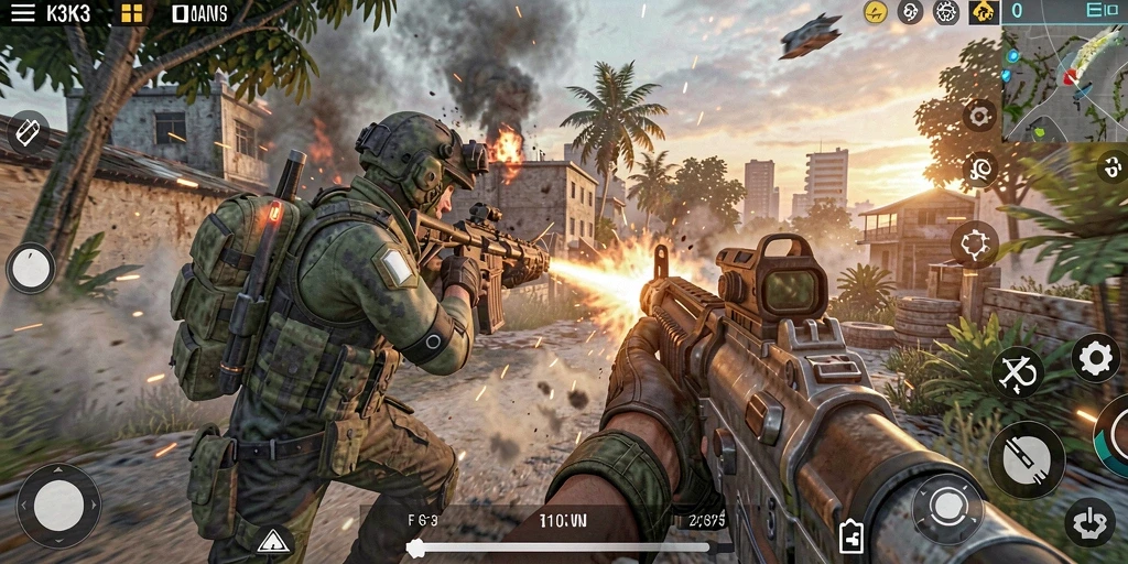 Screenshot gameplay K3K3 dengan aksi tembak-menembak yang seru.