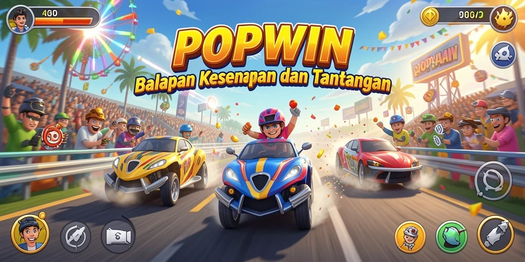 Gambaran gameplay POPWIN dengan aksi balapan seru.
