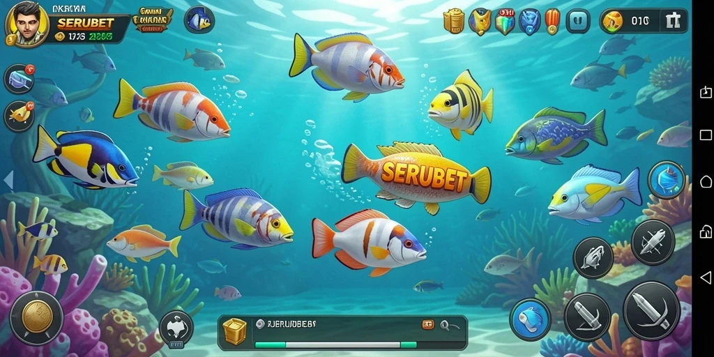 Tampilan gameplay seru dalam SERUBET, menangkap berbagai ikan.