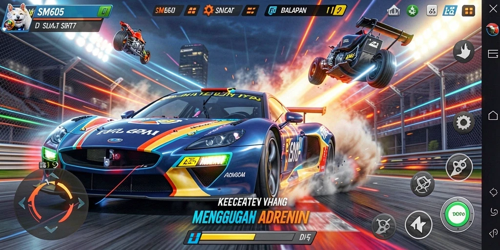 Screenshot utama SM605 menampilkan aksi balapan yang mendebarkan.