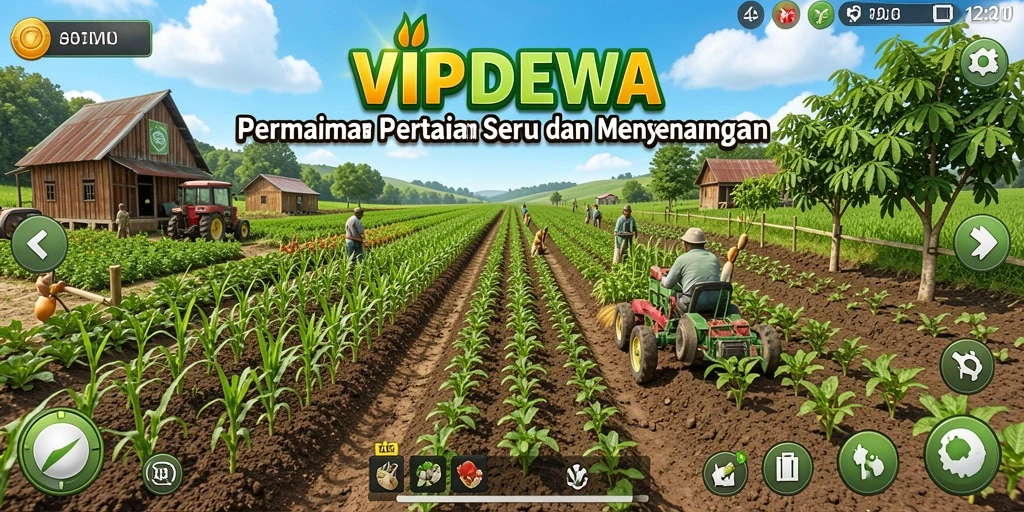 Tampilan screenshot gameplay <strong>VIPDEWA</strong> menampilkan ladang yang subur dan aktivitas bertani.